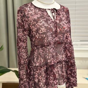Lucky Brand Burgundy Floral Sheer Blouse